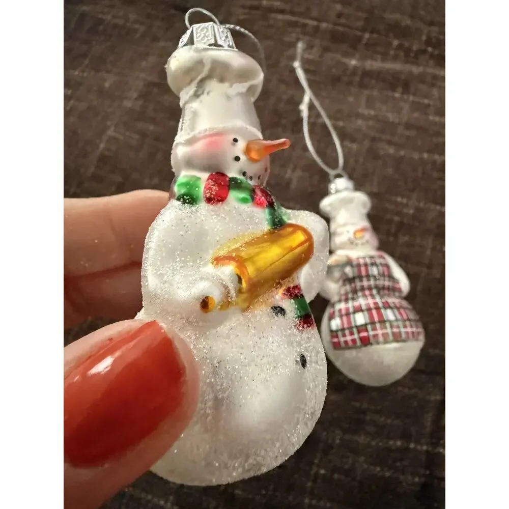 Set of 2 Williams Sonoma Blown Glass Snowman Chef Christmas Ornaments